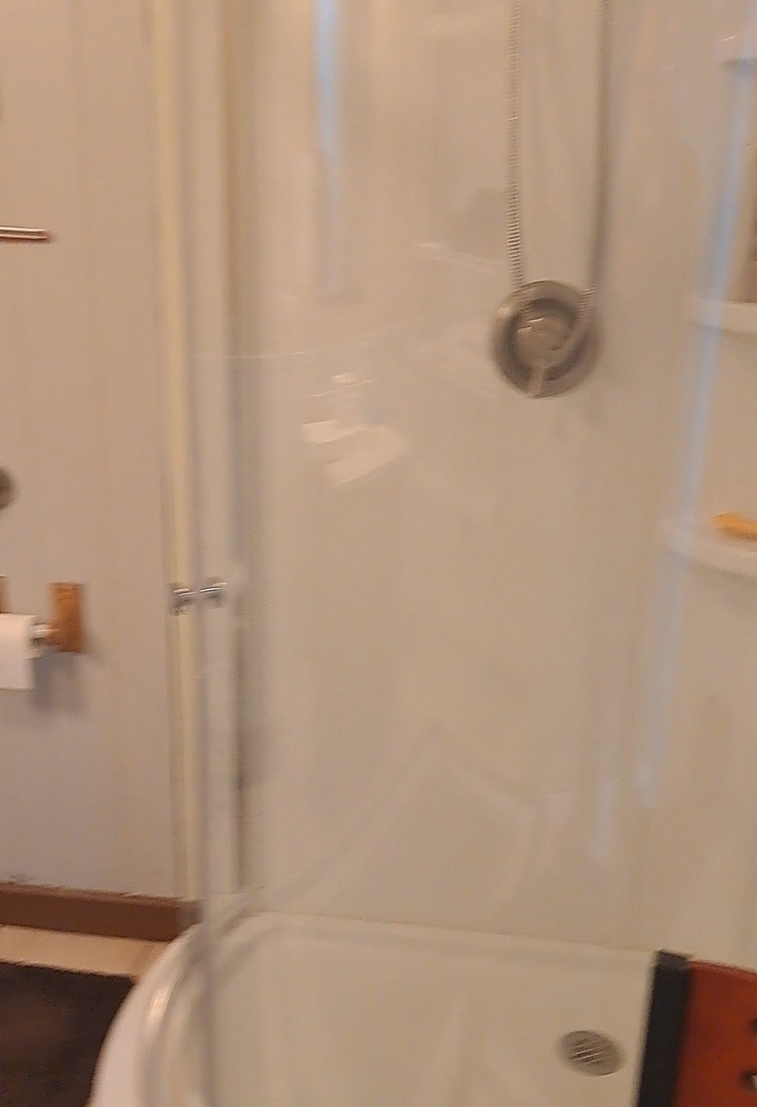 Bathroom shower with glass door and nearby toilet paper holder.